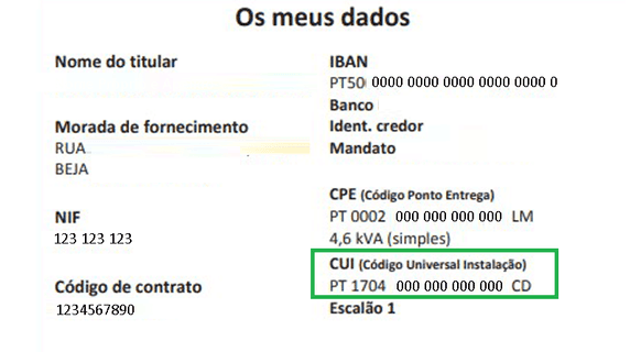 o CUI surge na Área de Dados Pessoais que está na primeira página da fatura de energia, normalmente abaixo do espaço designado para o CPE da eletricidade