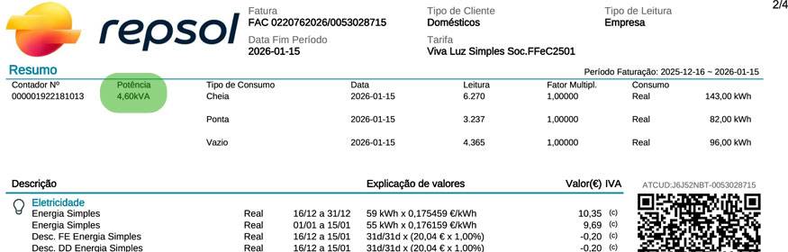 ver potência contratada na fatura Repsol