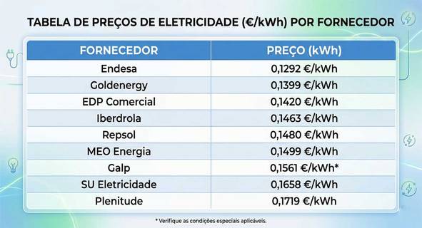 Tabela de preços kWh de eletricidade em Abril de 2026