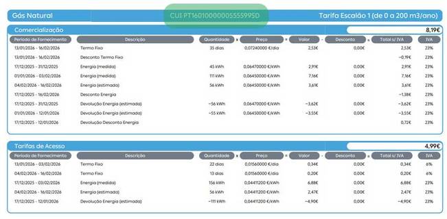 ver CUI de gás na fatura Galp